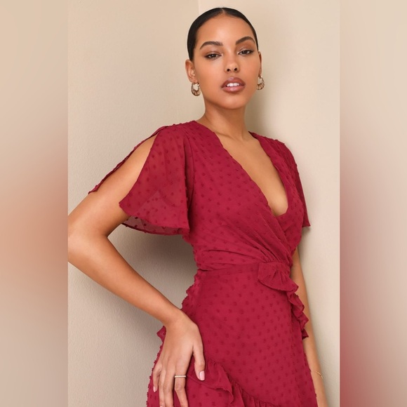 Lulus Women’s Next to You Wine Swiss Dot Ruffled Midi Asymmetrical Dress, Xsmall - Picture 4 of 8